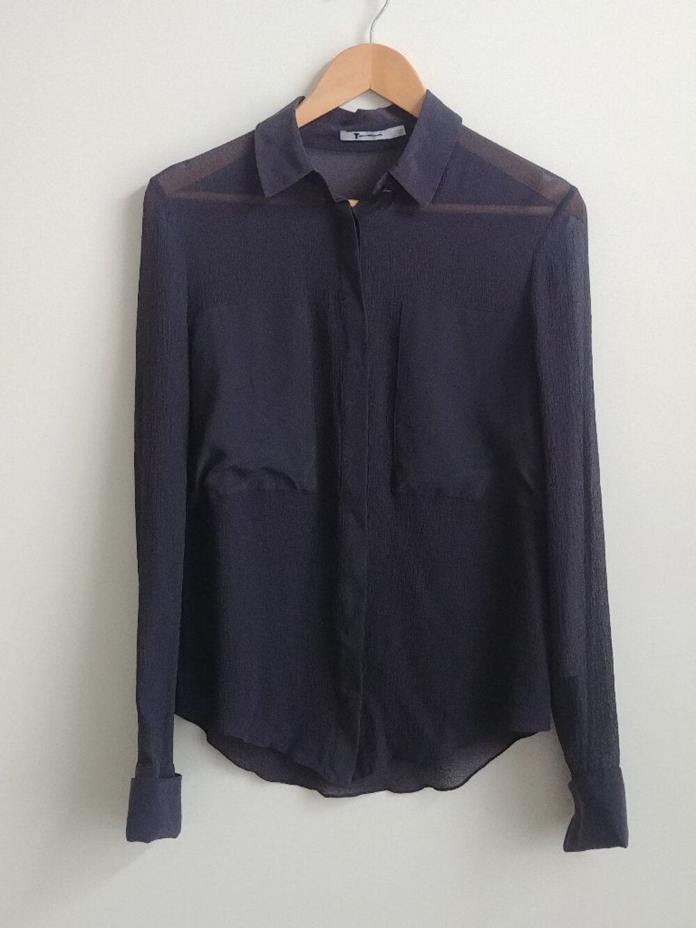 T by Alexander Wang 100% silk semi sheer black button down shirt top Small